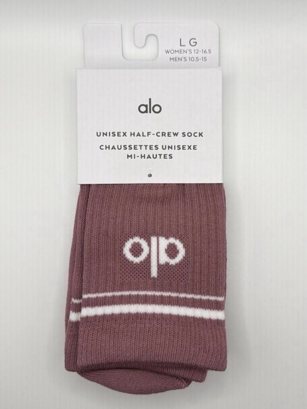 ALO Yoga Half-Crew Athletic Socks in Mauve with White Stripes